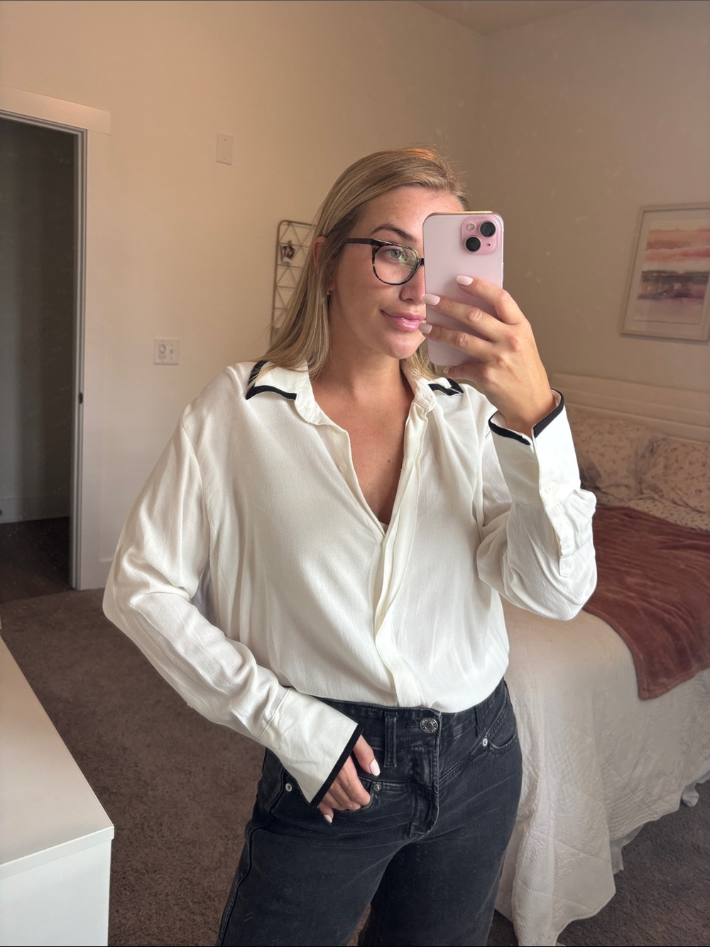 Women's Cream Long-Sleeve Collared Blouse